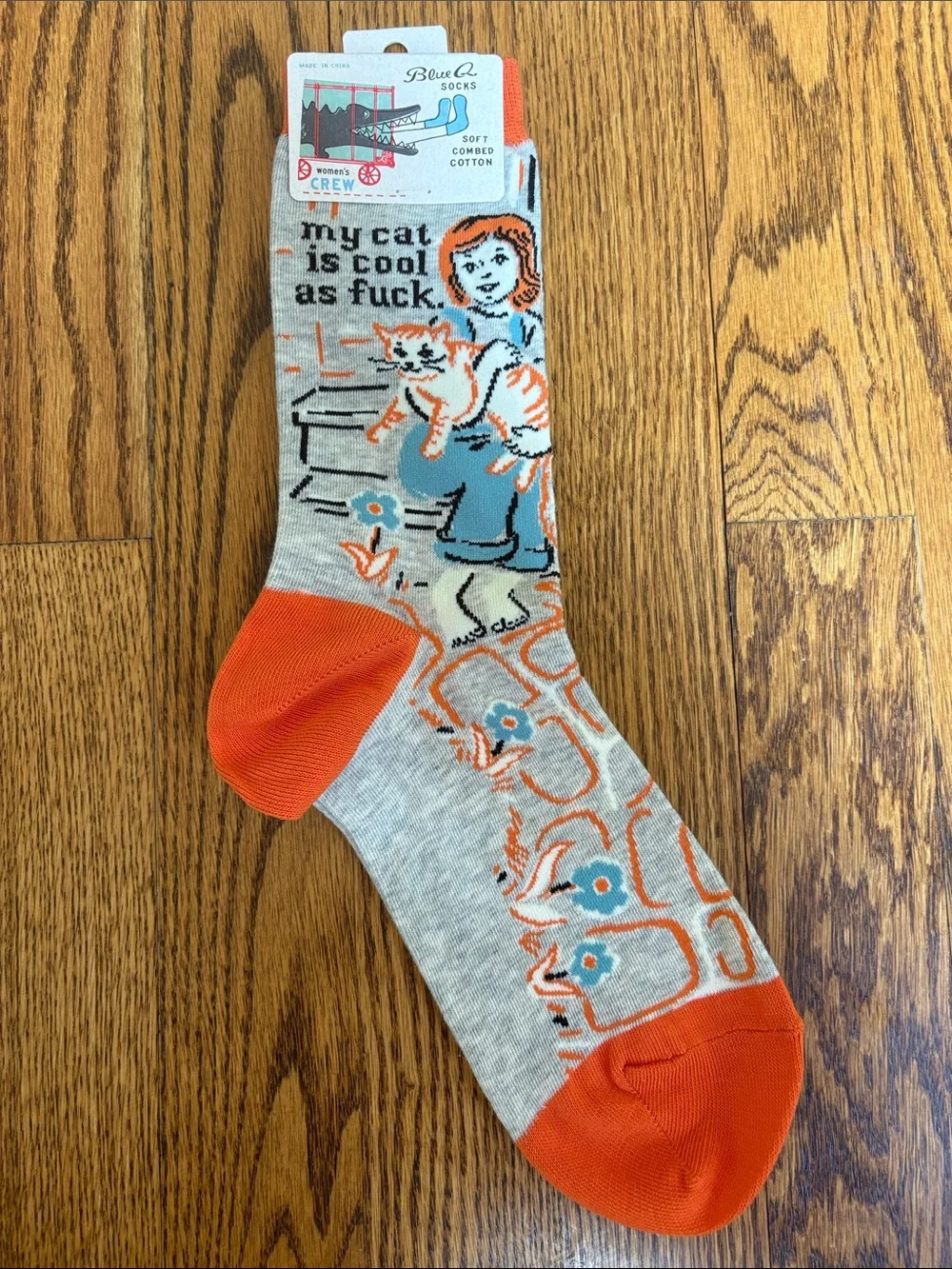 Cat Crew Socks with Graphic Size 5-10 Orange, Gray, Blue